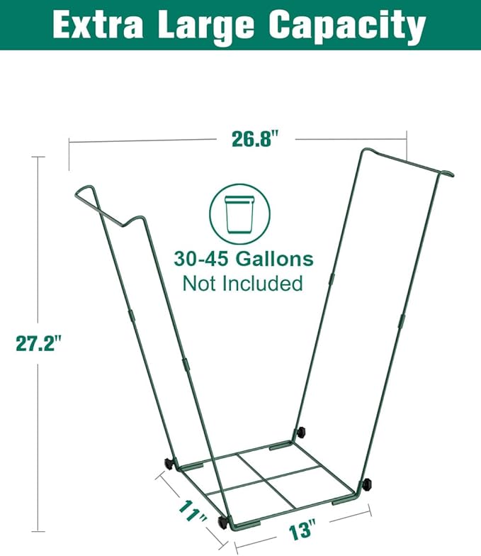 Outdoor Trash Bag Holder Stand - Heavy Duty Metal Garden Garbage Bag Support Frame for 30-45 Gallon Capacity, Multi-Use Portable Yard Leaf Bag Stand for Leaves, Weeding, Lawn Party, Green