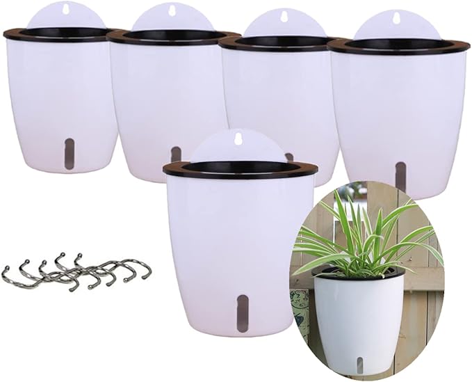 5 Pack Visible Water Level Self Watering Planter with Inner Pot,Hanging Planters,Wall Mounted Plants Holder,Small Flower pots Indoor Out Flowerpot with 5 Hooks for All House Plants (White)
