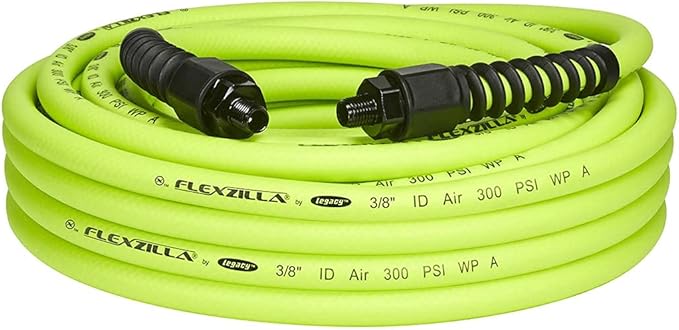 Flexzilla Open Face Retractable Air Hose Reel, 3/8 in. x 50 ft., Heavy Duty, Lightweight, Hybrid, ZillaGreen - L8611FZ & Pro Air Hose, 3/8 in. x 50 ft, Heavy Duty, Lightweight, Hybrid, ZillaGreen