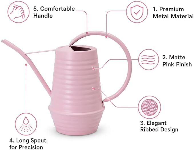 Small Watering Can, Matte Pink (Almost Mauve), 34oz., Metal Watering Can with Long Spout, Nice Indoor Water Can, Plant Water Can for Indoor Plants