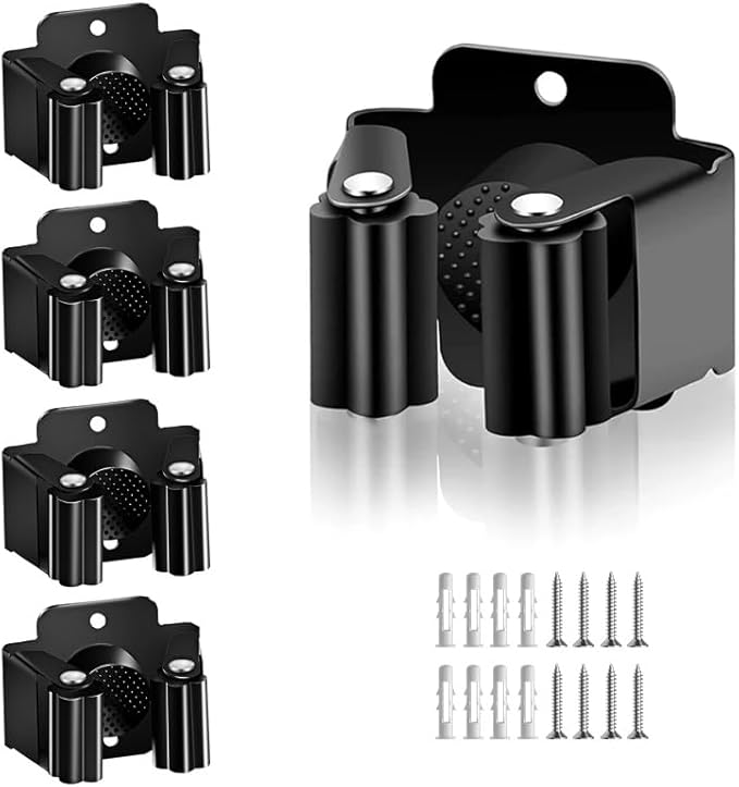 AKOAK Broom and Mop Rack Holder, Wall Storage Organizer, Screw Mount, Garden Tool Organizer Stainless Steel Mop Rack, Home, Kitchen, Bathroom, Garden, Garage Storage (4 PCS, Black)