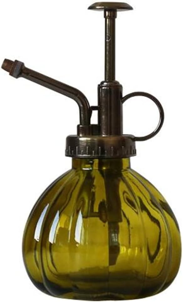 Glass Plant Spray Mister, Watering Spray Bottle, 6.4" Tall Vintage Fine Mist Spritzer Watering Can with Bronze Plastic Top Pump, Small Decorative Watering Can for Succulent House Plant (Green)