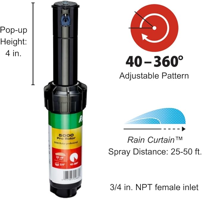Rain Bird CP5004PC Pro Rotor with Pro Nozzle Set, 40° - 360° Pattern, 26' - 38' Spray Distance, Black