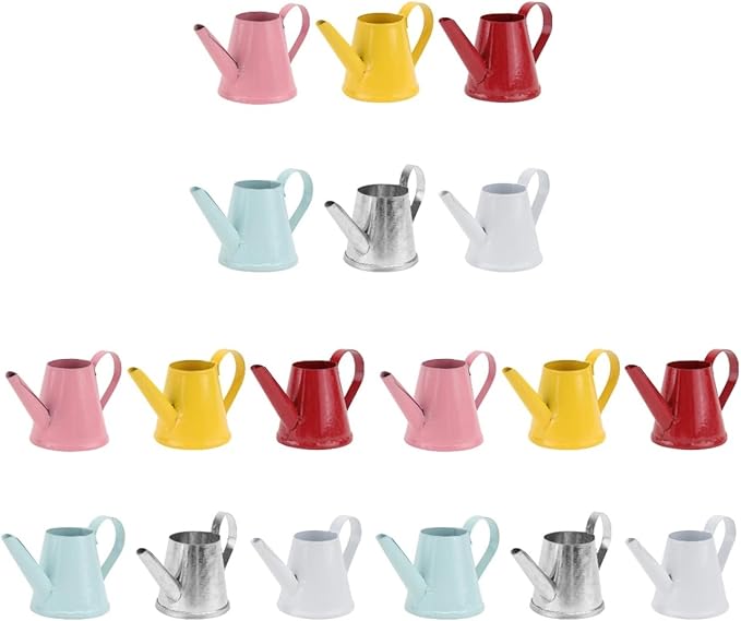 Healifty Mini Kettle Ornaments Set of 18 Small Metal Simulation Watering Cans for Mini House Decor Garden Desk Accessories Party Favors