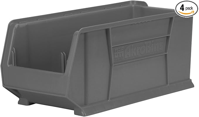 Akro-Mils 30287 Super-Size AkroBins Plastic Storage Bins, Space-Saving Stackable Bins for Garage, Classroom, Warehouse Organization, 24" L x 11" W x 10" H, Grey, 4-Pack