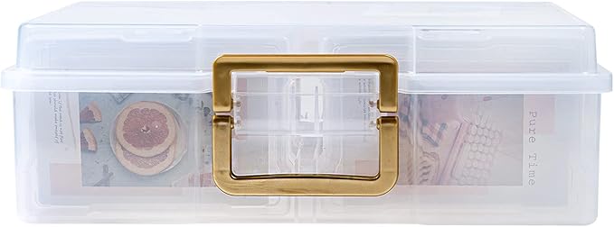 novelinks Transparent 4" x 6" Photo Organizers and Photo Storage Box with Handle, 16 Inner Photo Cases, Portable Picture Organizers & Photo Storage Containers (Clear-Gold Handle)