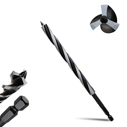1/2"×9" Professional Auger Drill Bit for Wood with Quick Change 1/4" Hex Shank- 3-Cutter Design with Dual-Flute for Fast Chip Removal, Fits Hardwood, Softwood, PVC, Drywall & Tree Stumps