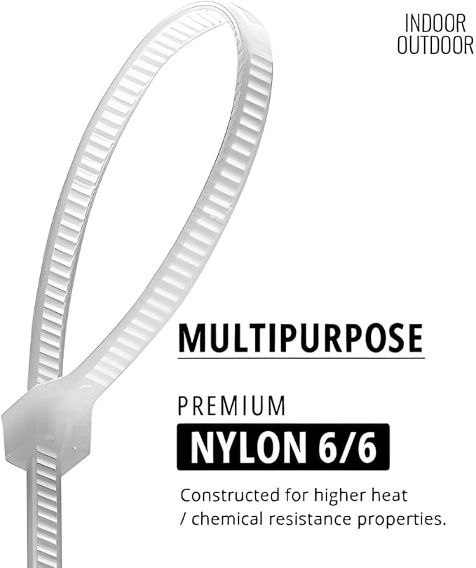NIRAH White Zip Ties 8 inch (100 Pack), 18 lbs Tensile Strength. Self-locking Nylon Cable Ties, Wire Ties, Clear Zip Ties for Indoors, Outdoors, Dry or Wet Use