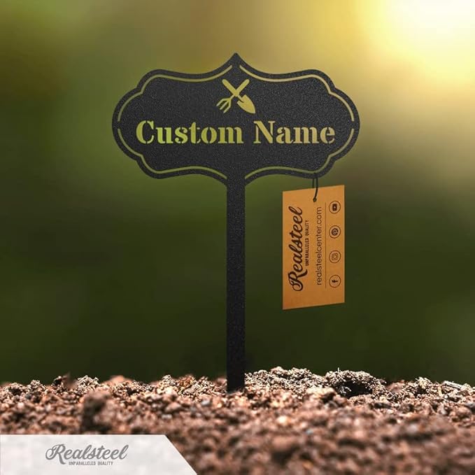 RealSteel Custom Seed & Plant Markers – Metal Garden Stakes for Herbs, Fruits & Vegetables | Elegant Steel Plant Labels for Pots, Raised Beds & Outdoor Gardens | Farmhouse & Greenhouse | Rose Icon