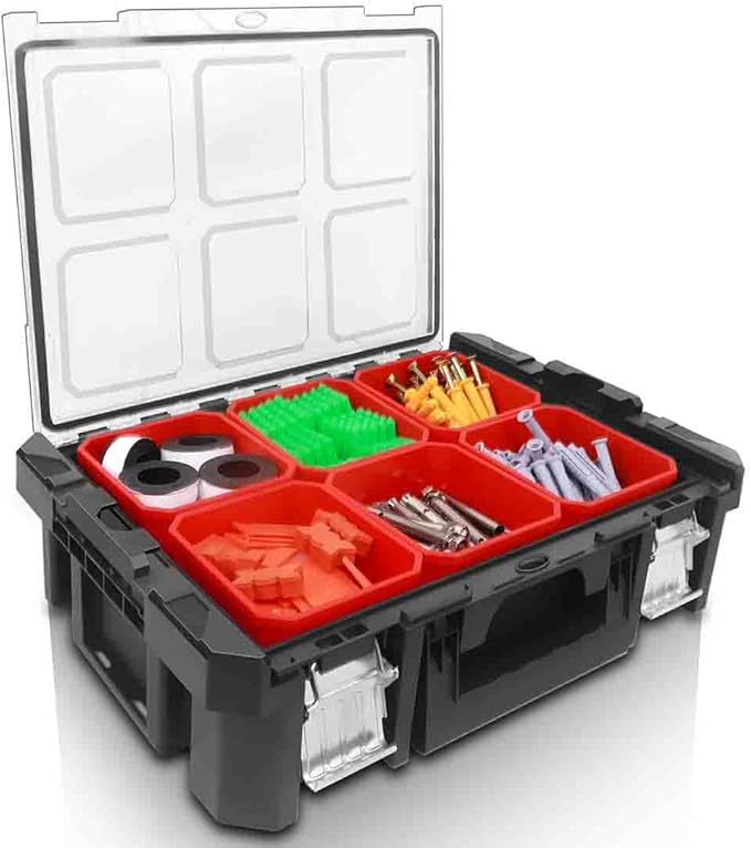 Anyyion Tool Box Organizer, 6 Movable Small Trays,Transparent Cover Plate,Small Component Toolbox, Detachable,Stackable,