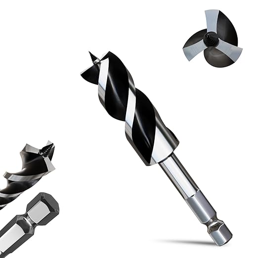 1-1/8"×6" Professional Auger Drill Bit for Wood with Quick Change 1/2" Hex Shank- 3-Cutter Design with Dual-Flute for Fast Chip Removal, Fits Hardwood, Softwood, PVC, Drywall & Tree Stumps