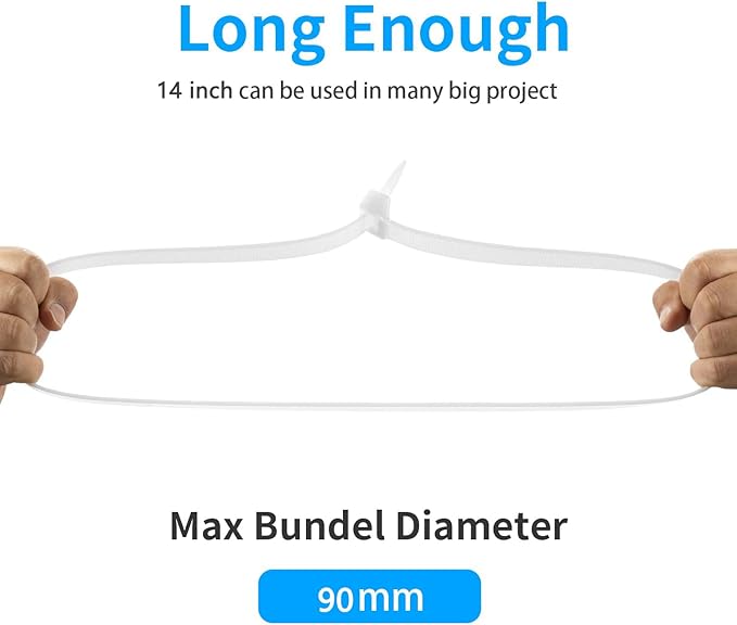14 inch White Zip Ties Heavy Duty 100 PACK, 200 LBS Ultra Exclusive Strong Plastic Wire Ties, Large Cable Ties Extra Long Tie Wraps, Indoor and Outdoor UV Resistant