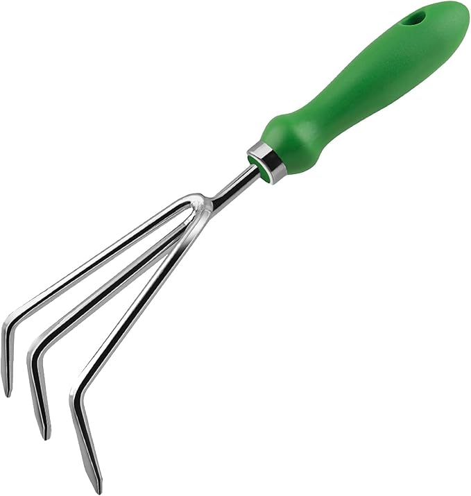 Garden Rake Heavy Duty Stainless Steel Hand Rake Gardening Tools 3 Prong Hand Claw with Ergonomic Handle Soil Tiller Garden Fork Cultivator for Garden Weeding Turning Soil