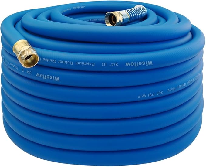 WiseFlow Garden Hose 150FT x 3/4", Heavy Duty Rubber Hose, Water Hose with Five Layered Braiding, Male Female Fittings, 1000PSI Burst, 300PSI Working (Blue)