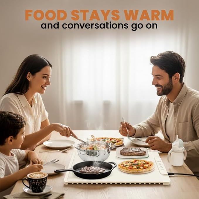 26"x15" Beige Electric Food Warming Silicone Mat - 10 sec Fast & Even Heating Tray with upto 10 Hrs Timer, 50-100°C Adjustable Temp, Child Lock & Safety Edge - Portable Warmer Pad for Kitchen & Buffet