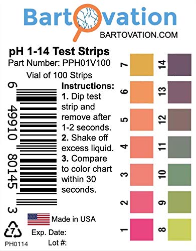 pH 1-14 Wide Range Test Strips [Moisture-Proof Vial of 100 Strips] Made in USA