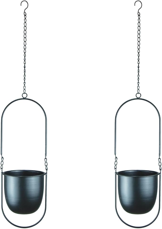 Metal Oval Hanging Planter, Set of 2 Black Geometric Plant Hangers with 6 inch Flower Pots in Oval Shape, Modern Wall and Ceiling Plant Holders for Indoor Outdoor Plants Home Décor