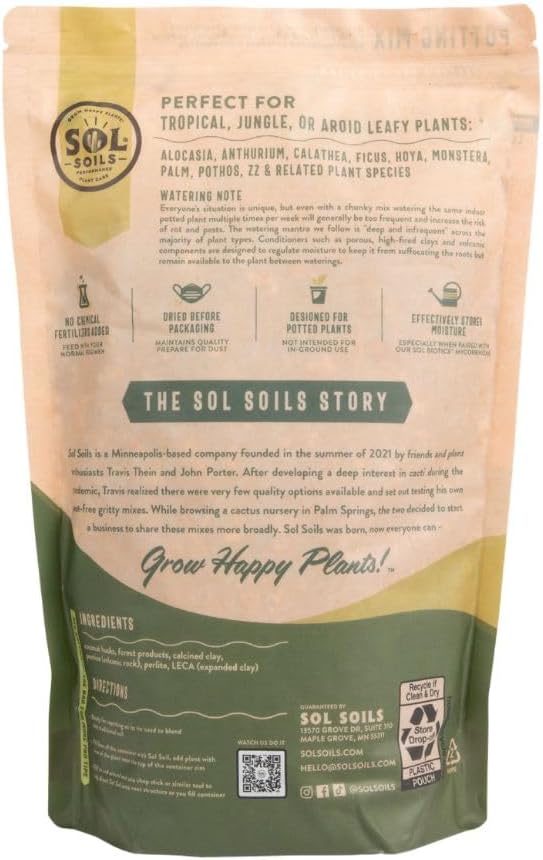 Sol Soils Chunky Houseplant Mix - Fast Draining Soil for Indoor Plants with Coco Coir Chips, Perlite, & Pumice, 2 Quart