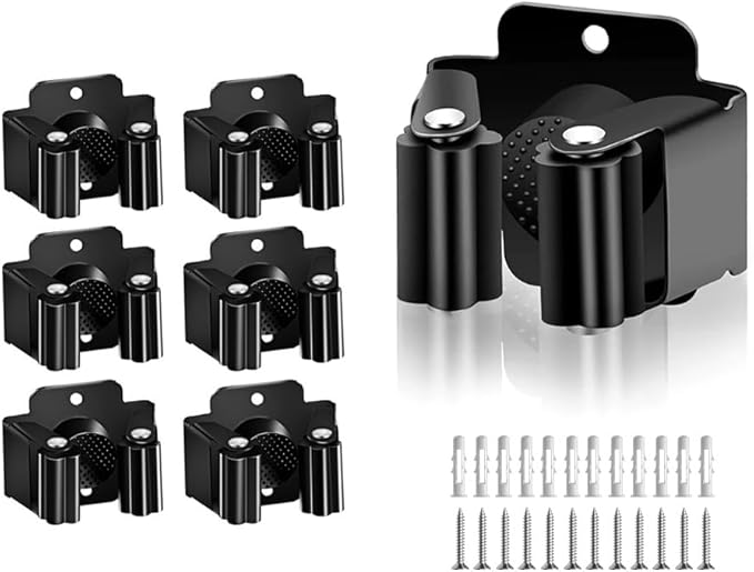 AKOAK Broom and Mop Rack Holder, Wall Storage Organizer, Screw Mount, Garden Tool Organizer Stainless Steel Mop Rack, Home, Kitchen, Bathroom, Garden, Garage Storage (6 PCS, Black)