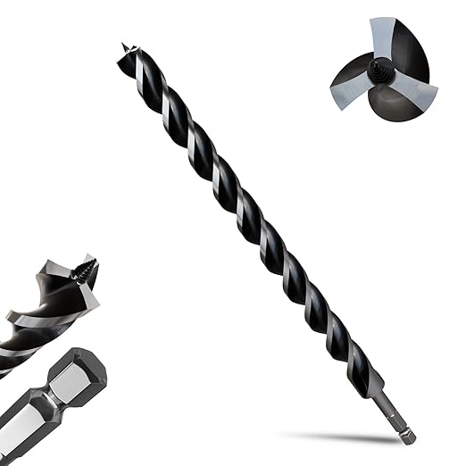 1-1/8"×18" Professional Auger Drill Bit for Wood with Quick Change 1/2" Hex Shank- 3-Cutter Design with Dual-Flute for Fast Chip Removal, Fits Hardwood, Softwood, PVC, Drywall & Tree Stumps