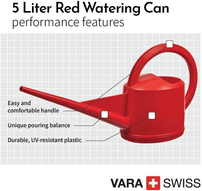 Consolidated Plastics Durable Swiss Watering Can with UV Protection, Ergonomic Handle for Indoor/Outdoor Gardening, Made in Switzerland (5 Liter, Red)