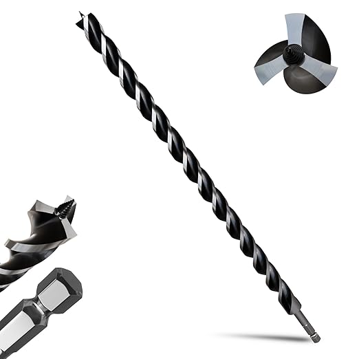 1-1/8"×24" Professional Auger Drill Bit for Wood with Quick Change 1/2" Hex Shank- 3-Cutter Design with Dual-Flute for Fast Chip Removal, Fits Hardwood, Softwood, PVC, Drywall & Tree Stumps