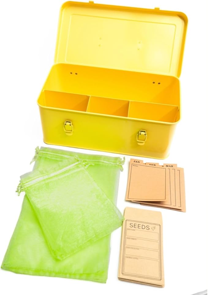Seed Storage Organizer –Waterproof Metal Seed Box with Storage Bags, Dividers, 4 Compartments with Lid and Safety Locks, Portable Side Handles, Perfect for Garden Seeds, Labels & Tools – Yellow