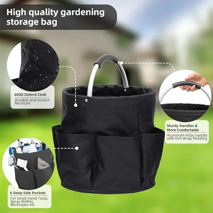 Gardening Tote Bag,Foldable Garden Tool Storage Bag Tool Organizer with 6 Exterior Pockets Wear-resistant & Reusable for Camping Picnicing Gardening Yard Lawn Work (Black)