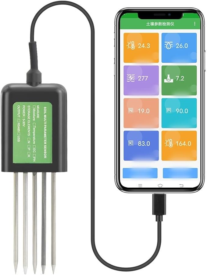 USB Soil Sensor 7-in-1 Tester For Moisture, Soil Analysis Tool, Temperature, PH & NPK Nutrients - IP68 Digital Meter For Agriculture, Gardening & Research Farming, Floriculture