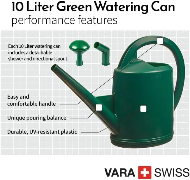 Consolidated Plastics Durable Swiss Watering Can with UV Protection, Ergonomic Handle for Indoor/Outdoor Gardening, Made in Switzerland (10 Liter, Green)