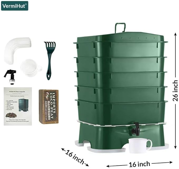 ® Plus US Made 5 – Tray Worm Composter -Forest Green,Sustainable Design for Both Indoor & Outdoor, Worm Compost Bin for Vermicomposting Starter, Recycling Food Wastes