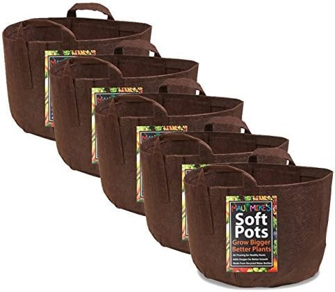 MAUI MIKE'S Soft Pot 15 Gallon 5 Pack Brown Garden Grow Bags from Strong Sewn Handles. Grow Healthier Tomatoes,Herbs and Veggies. Made from Recycled Water Bottles. Last for Years