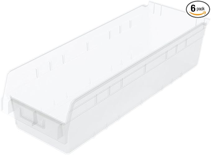 Akro-Mils 30084 Plastic Nesting ShelfMax Storage Bin Box, (24-Inch x 8-Inch x 6-Inch), Clear, (6-Pack)