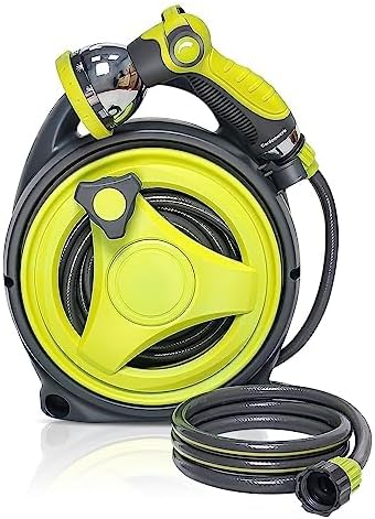 50ft Retractable Garden Hose Reel, Portable Hose Reel, 45+5FT with 10 Patterns Spray Nozzle, Adapts to standard US hose plugs, 50FT Hose Reel for Garden Watering Car Washing Pet -Green