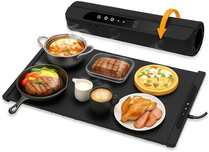 26"x15" Black Electric Food Warming Silicone Mat - 10 sec Fast & Even Heating Tray with upto 10 Hrs Timer, 50-100°C Adjustable Temp, Child Lock & Safety Edge - Portable Warmer Pad for Kitchen & Buffet