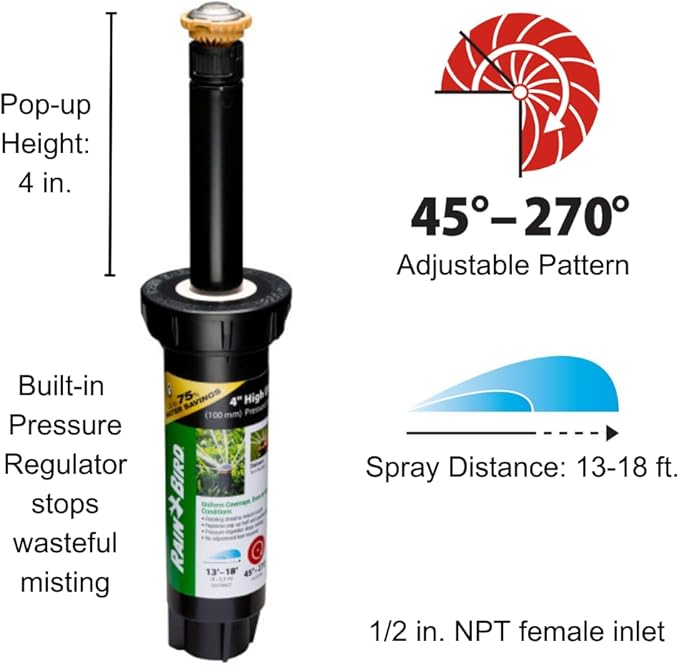 Rain Bird 12SAPROPR Pressure Regulating (PRS) High-Efficiency Pro Rotary Sprinkler, Hand Adjustable 45° - 270° Pattern, 13' - 18' Spray Distance, 4" Pop-up Height