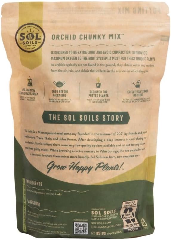 Sol Soils Chunky Orchid Potting Mix - 100% Peat-Free, Lightweight, and Aerated with Coconut Husk, Perlite & Recycled Forest Products for Fast Draining, Healthy Orchids - 1 Quart