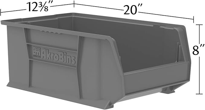 Akro-Mils 30281 Super-Size AkroBins Plastic Storage Bins, Space-Saving Stackable Bins for Garage, Classroom, Warehouse Organization, 20" L x 12" W x 8" H, Grey, 3-Pack