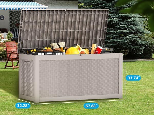 Vixzen 320 Gallon Resin Deck Box, Lockable Outdoor Storage Box for Patio Cushions Storage Furniture,Garden Tools, Pool Supplies, Weatherproof and UV Resistant（Grey，320 Gallon）