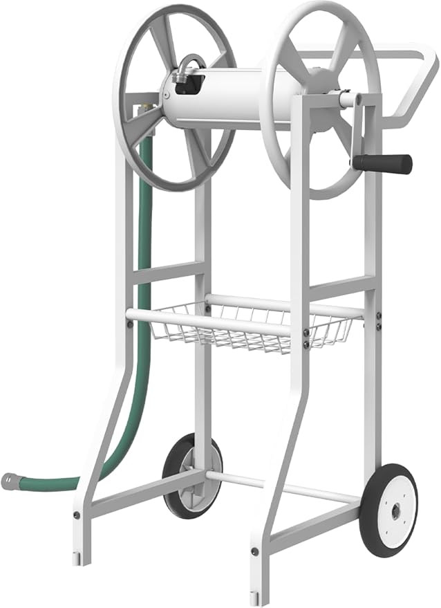 Garden Hoses Reel Cart with Wheels, Outdoor Heavy Duty Powder Coated Steel Water Winder Storage Holds 125 ft 5/8" Hose with 3.9ft Leader Hose and Basket for Backyard, Yard, Lawn, White
