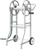 Garden Hoses Reel Cart with Wheels, Outdoor Heavy Duty Powder Coated Steel Water Winder Storage Holds 125 ft 5/8" Hose with 3.9ft Leader Hose and Basket for Backyard, Yard, Lawn, White