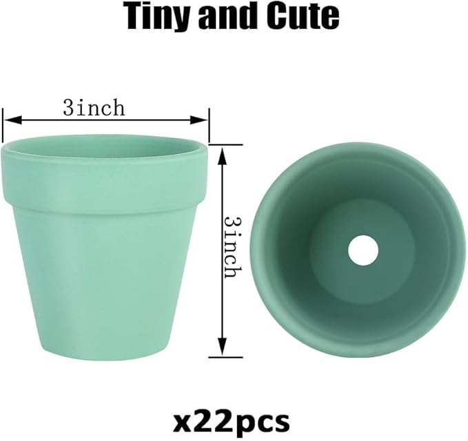 Sderoq 3 Inch Terracotta Pots - 22Pack Clay Flower Pots with Drainage Hole, Succulent Nursery Pot/Cactus Plant Pot. Great for Plants, Crafts, Wedding Favorn, DIY Production (Light Green)