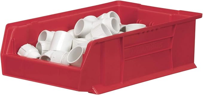 Akro-Mils 30280 Super-Size AkroBins Plastic Storage Bins, Space-Saving Stackable Bins for Garage, Classroom, Warehouse Organization, 20" L x 12" W x 6" H, Red, 4-Pack