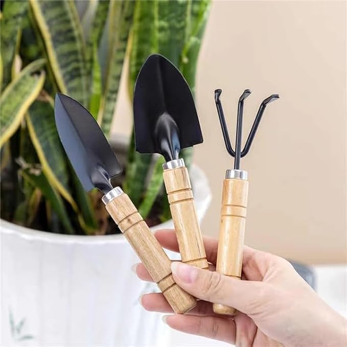 3 PCS Mini Gardening Tool Set, Shovel, Spade, Rake Kit with Ergonomic Wooden Handles, Ideal for Planting, Weeding and Cultivating, Kid Gardening Plant Tool for Cactus Herbs Indoor Miniature Plants