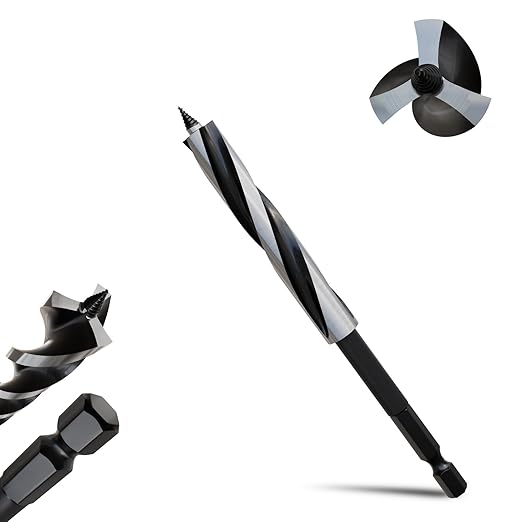 1/2"×6" Professional Auger Drill Bit for Wood with Quick Change 1/4" Hex Shank- 3-Cutter Design with Dual-Flute for Fast Chip Removal, Fits Hardwood, Softwood, PVC, Drywall & Tree Stumps