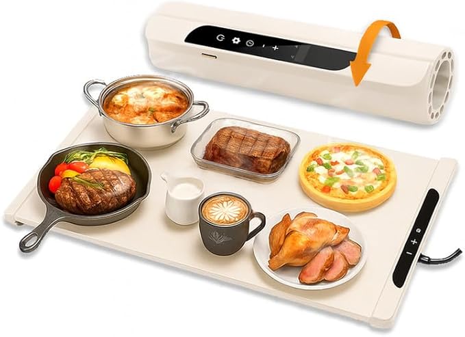 26"x15" Beige Electric Food Warming Silicone Mat - 10 sec Fast & Even Heating Tray with upto 10 Hrs Timer, 50-100°C Adjustable Temp, Child Lock & Safety Edge - Portable Warmer Pad for Kitchen & Buffet