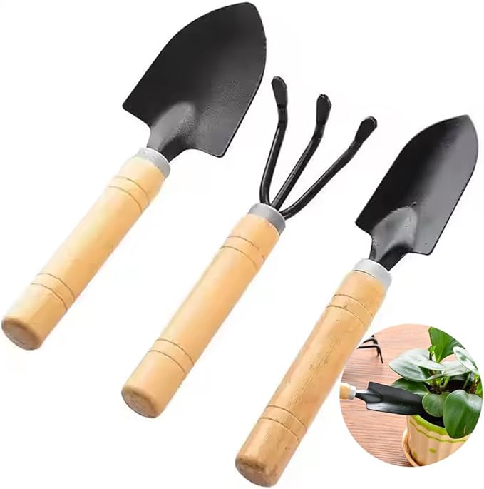 Garden Tools Set, 3 Pack Heavy Duty Gardening Tools Set Include Garden Shovel, Transplant Trowel and Hand Rake with Ergonomic Handle, Aluminum Alloy Lawn for Planting