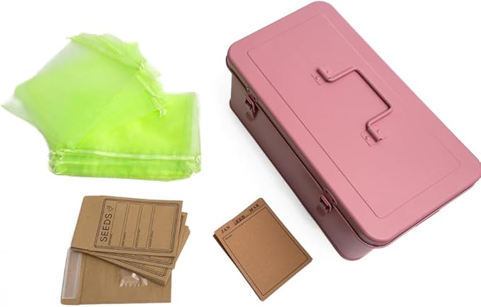 Seed Storage Organizer –Waterproof Metal Seed Box with Storage Bags, Dividers, 4 Compartments with Lid and Safety Locks , Portable Side Handles, Perfect for Garden Seeds, Lables & Tools -Matte Pink