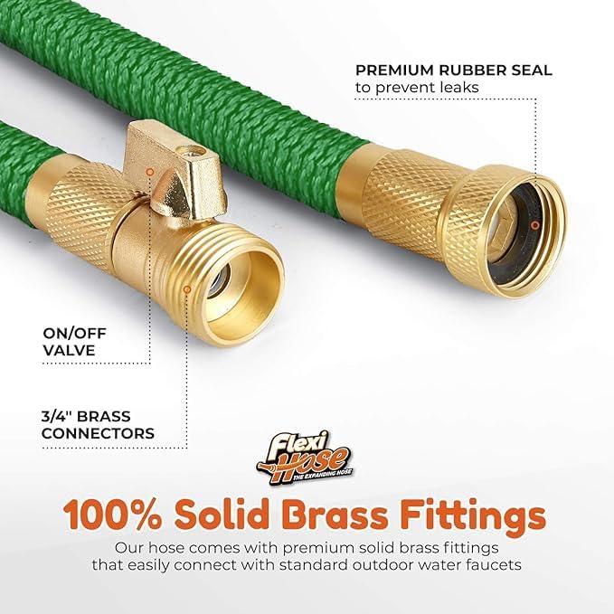 Flexi Hose with 8 Function Nozzle, 100FT - Lightweight Expandable Garden Hose, No-Kink Flexibility, 3/4 Inch Solid Brass Fittings and Double Latex Core - Green