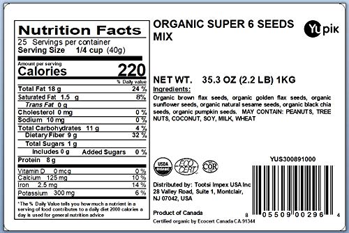 Yupik Organic Super 6 Seeds Mix, 2.2 lb (35.2 oz), Pack of 6, GMO-Free, Kosher, Vegan, Rich in Fiber, Nutritious Snack & Topping, Brown & Golden Flax, Sunflower, Sesame, Chia & Pumpkin Seeds